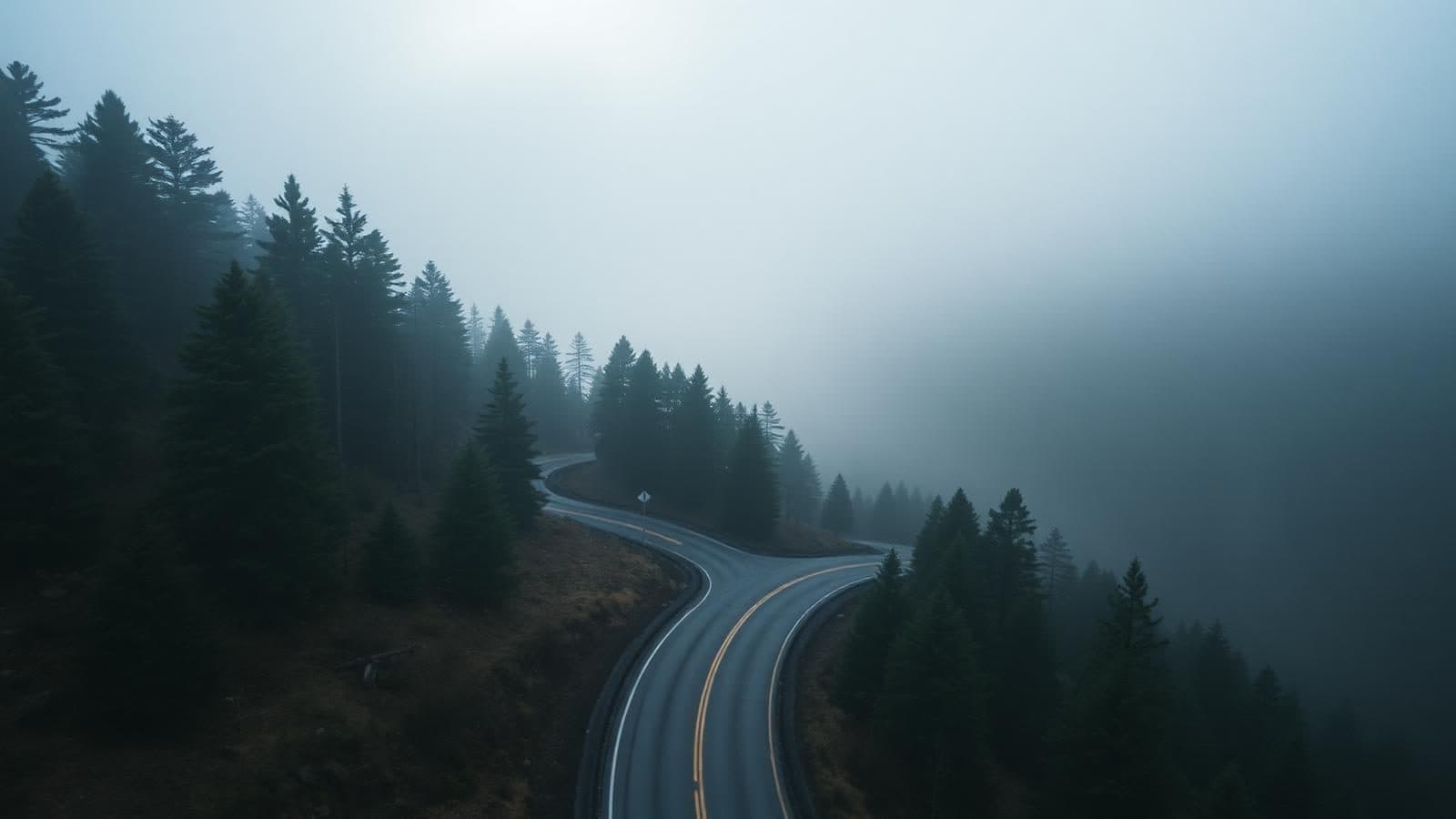 Winding mountain road in fog